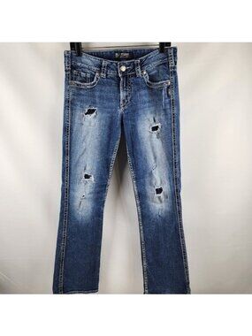 SILVER JEANS SUKI 17” Womens Boot Cut Mid Rise Distressed Blue Jeans Size 29x30